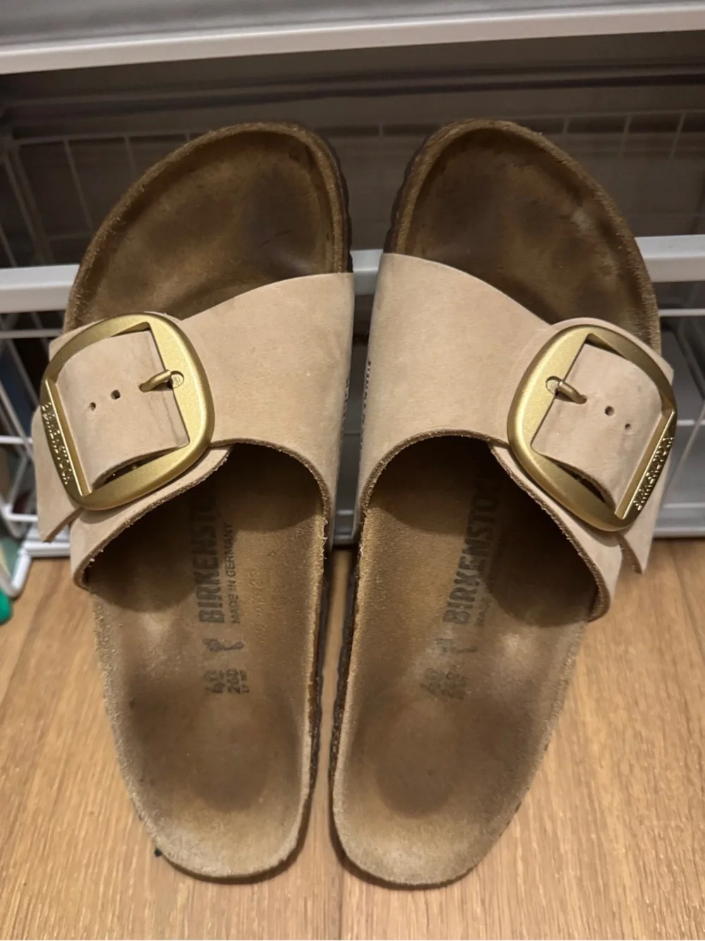 Birkenstock Single Strap Slide Sandals in Light Tan with Gold Buckles